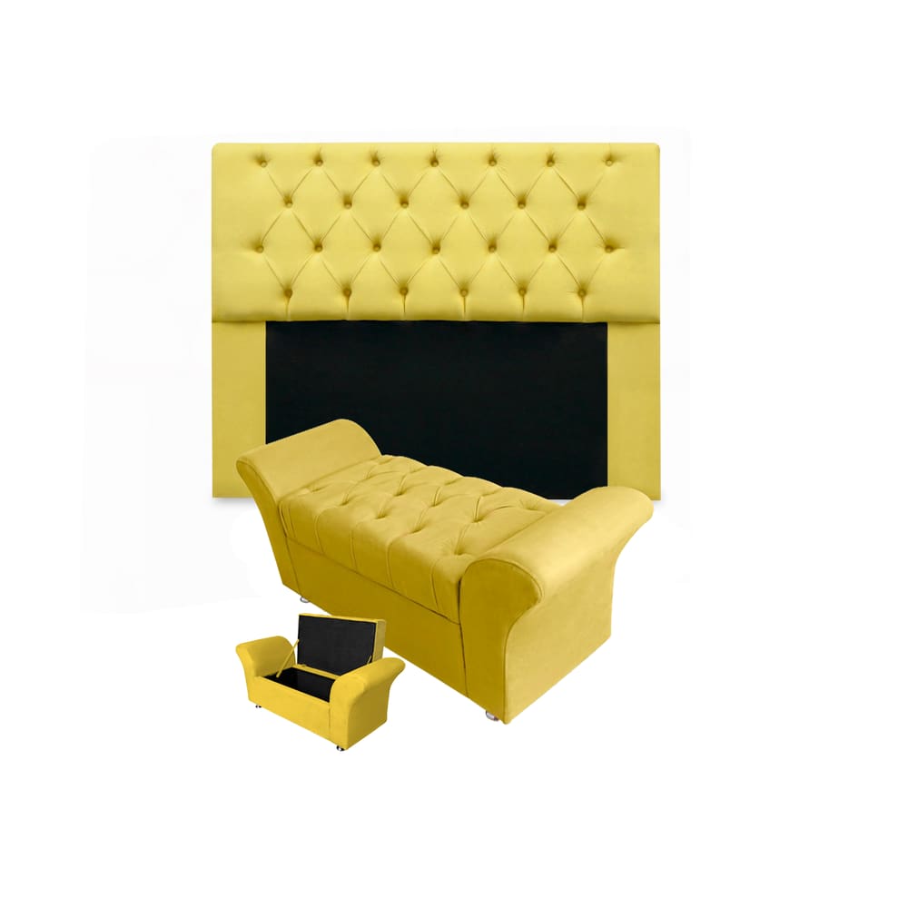 Conjunto Cabeceira Mirage e Calçadeira Baú Veneza King 195 cm Suede Amarelo - LM DECOR