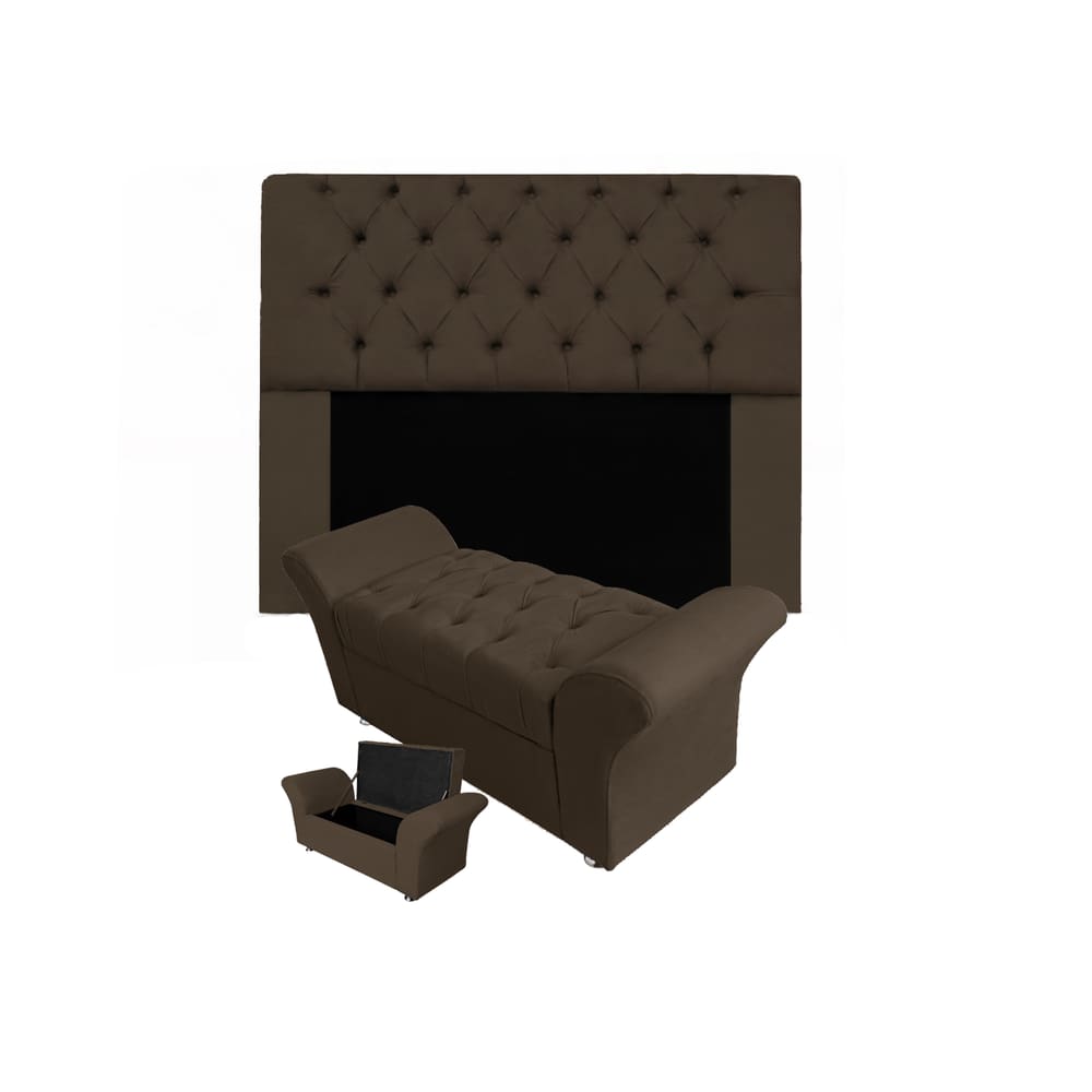 Conjunto Cabeceira Mirage e Calçadeira Baú Veneza Queen 160 cm Suede Marrom - LM DECOR