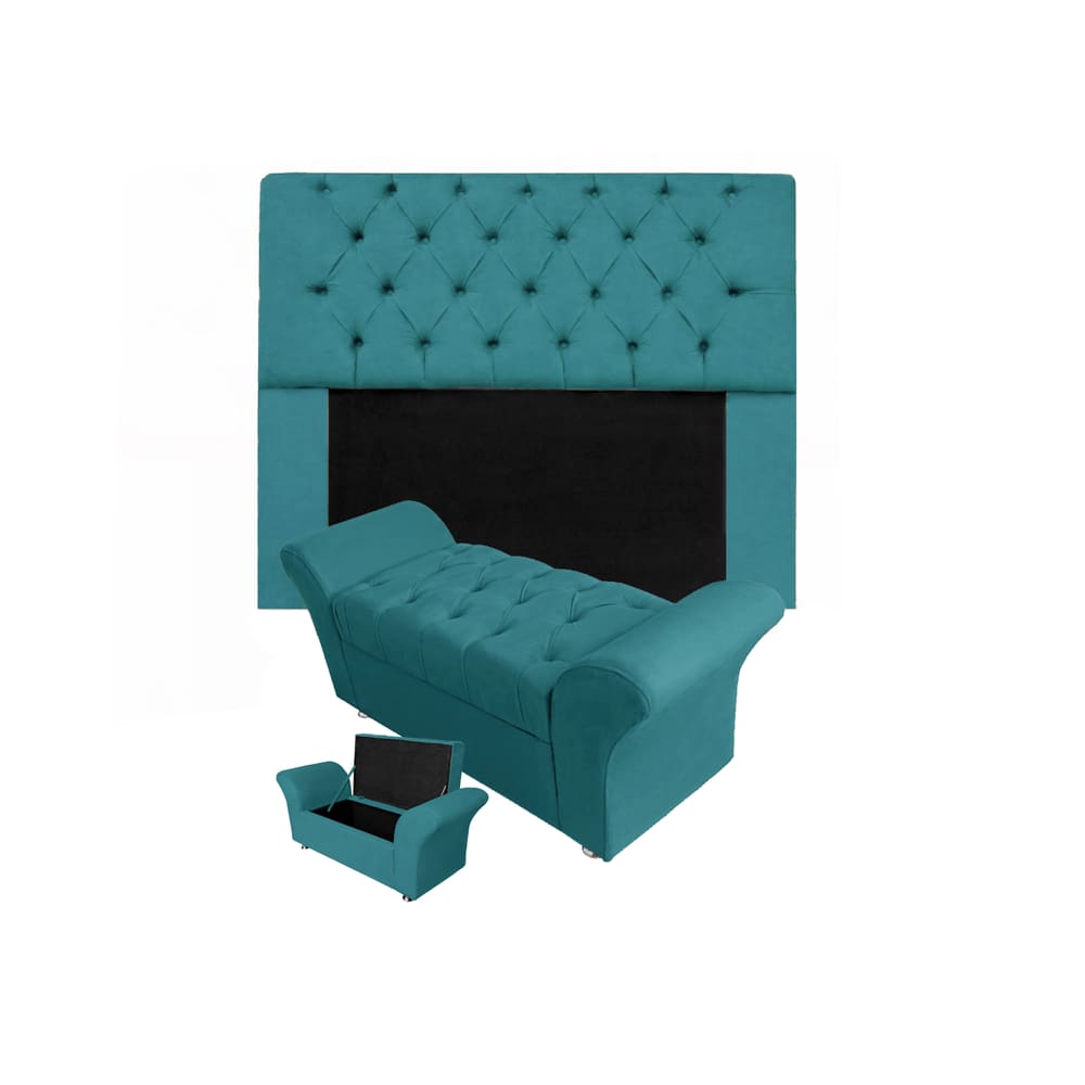Combo Cabeceira Mirage e Calçadeira Baú Veneza Queen 160 cm Suede Azul Turquesa - LM DECOR