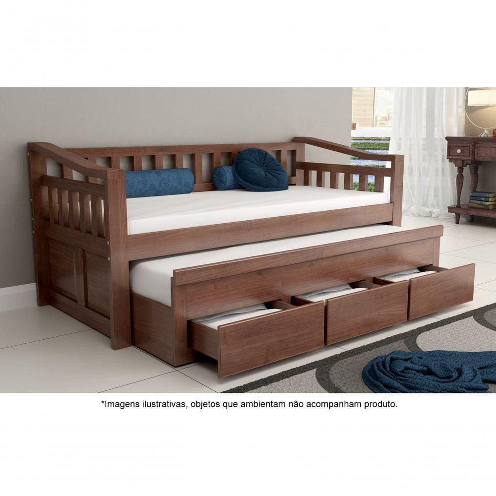 Bicama Solteiro Com 3 Gavetas Em Madeira Maciça Safira Castanho