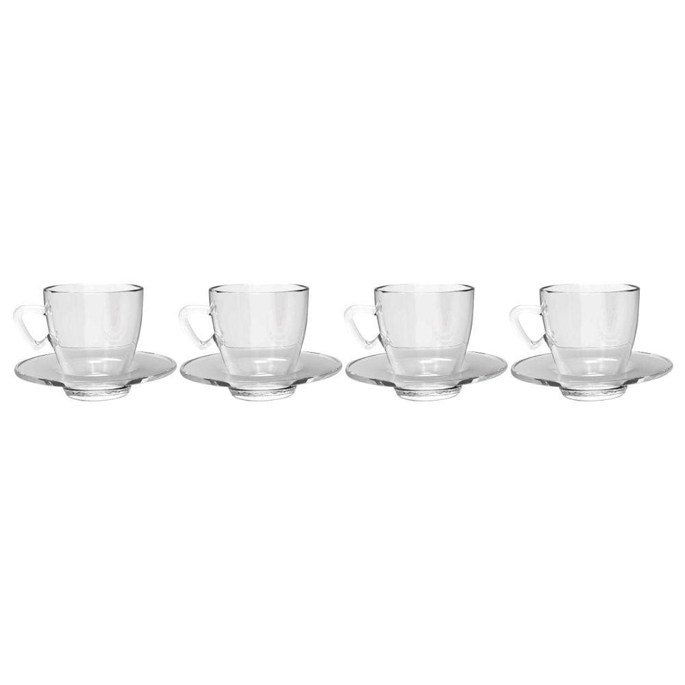 Xícaras Chá e Café Vidro 220mL Transparente C/ Pires - 4un