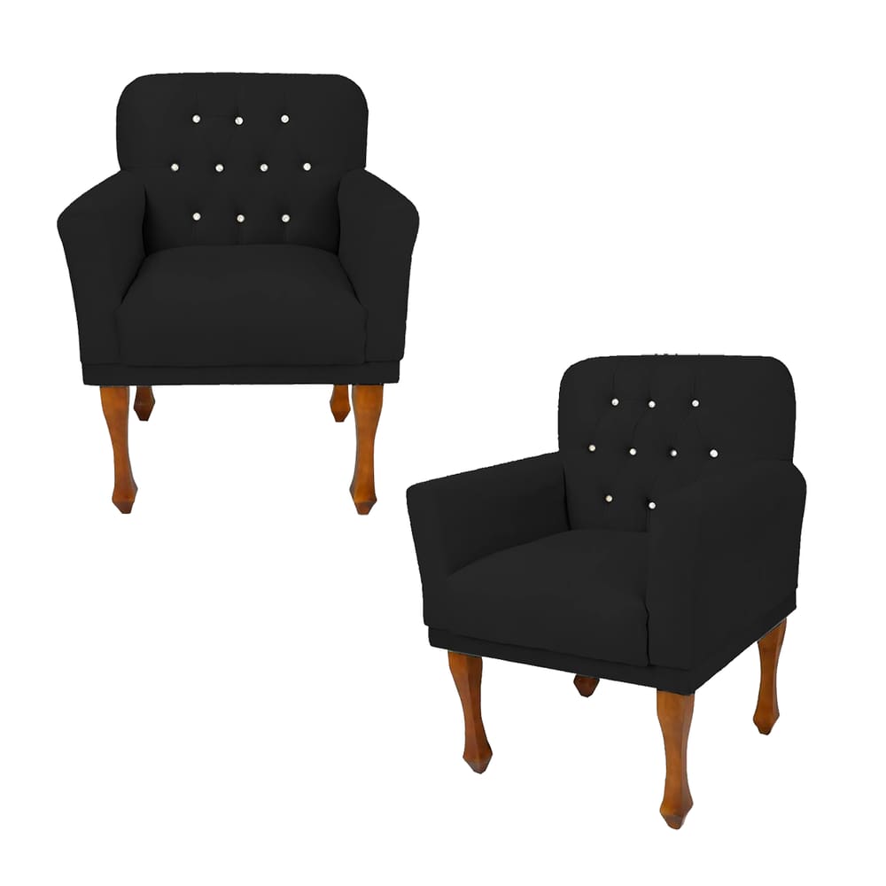 Jogo 2 Cadeira Poltrona Decorativa Com Botões De Strass Anitta Suede Preto LM DECOR