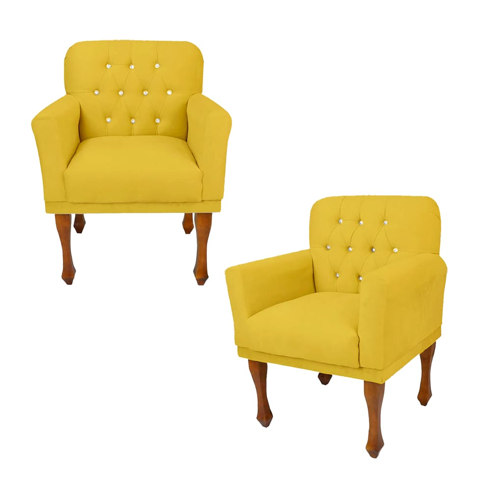 Jogo 2 Cadeira Poltrona Decorativa Com Botões De Strass Anitta Suede Amarelo LM DECOR