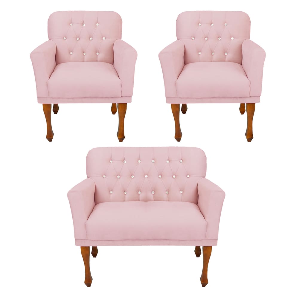 Conjunto 2 Poltrona e Namoradeira Estofada Com Botões de Strass Anitta Corano Rosa Bebe LM DECOR