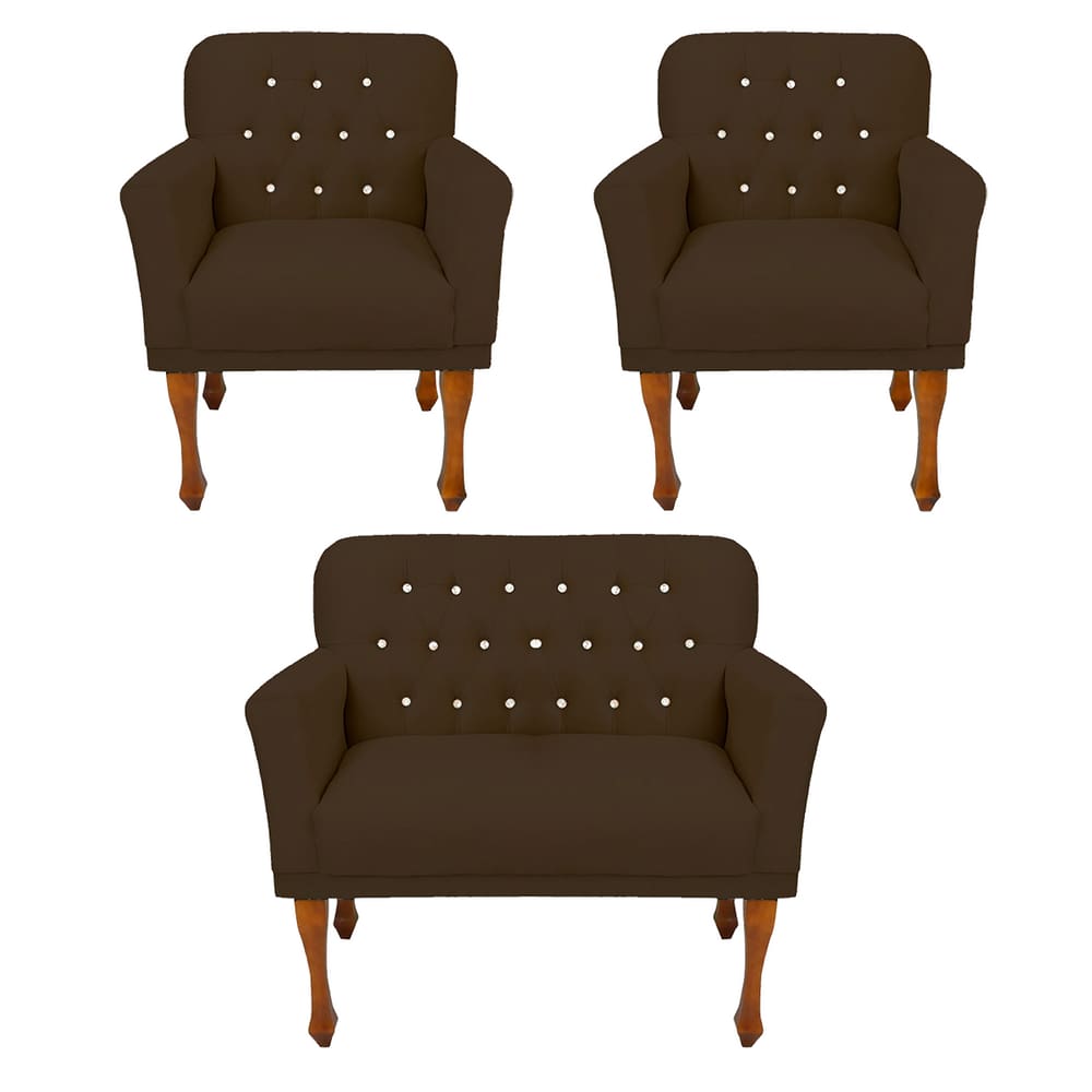 Jogo 2 Poltrona e Namoradeira Estofada Para Sala de Espera Anitta Corano Marrom LM DECOR