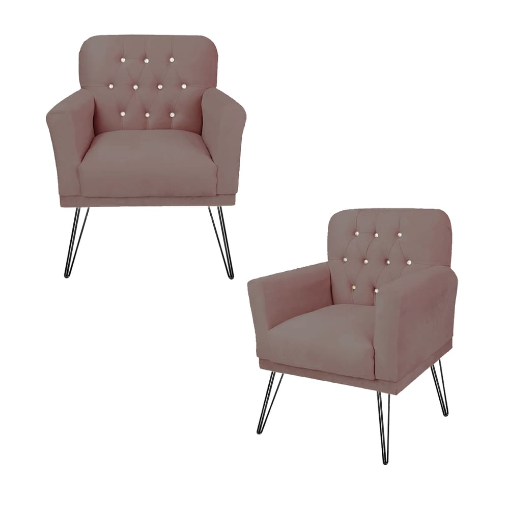 Combo 2 Poltronas Decorativa Para Quarto Closet Pés de Ferro Anitta Suede Rose - LM DECOR