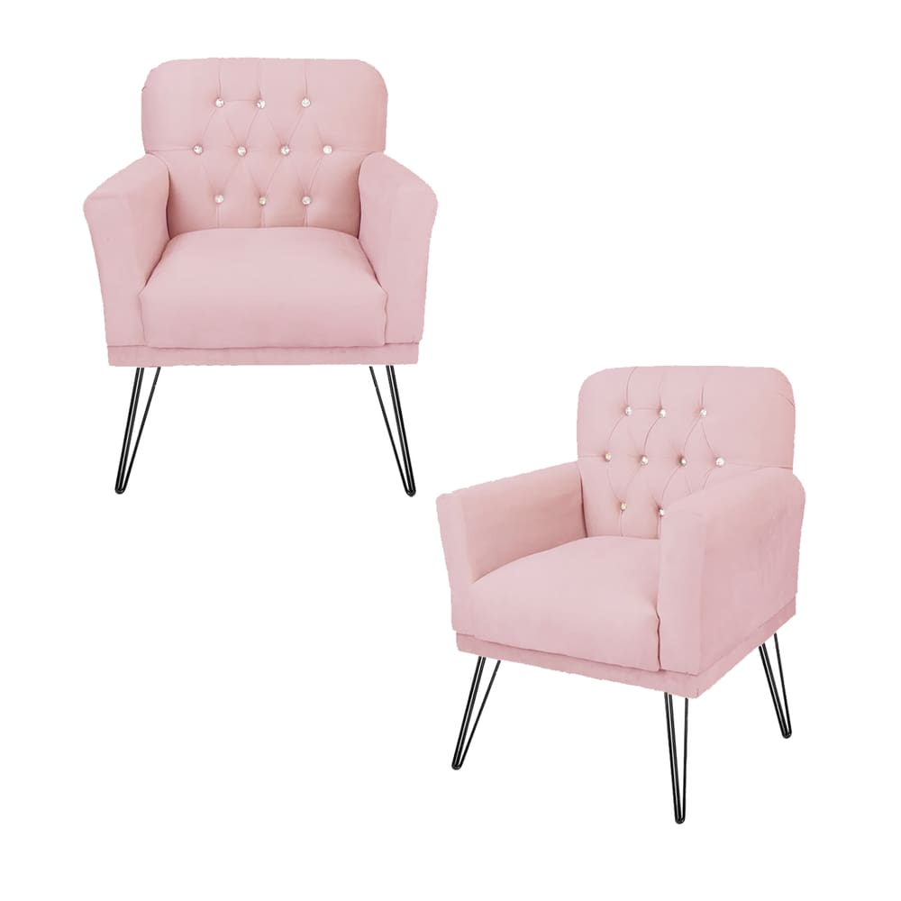 Combo 2 Poltronas Decorativa Para Quarto Closet Pés de Ferro Anitta Corano Rosa Bebe - LM DECOR