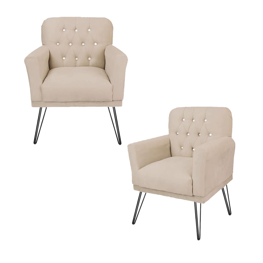 Combo 2 Poltronas Decorativa Para Quarto Closet Pés de Ferro Anitta Corano Bege - LM DECOR