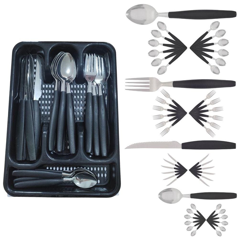 Kit 48 Talheres Berlim Aço Inox Preto C/ 2 Porta Talheres