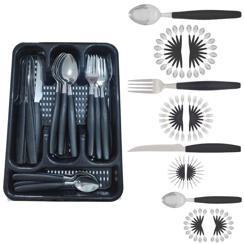 Kit 96 Talheres Berlim Aço Inox Preto C/ 4 Porta Talheres