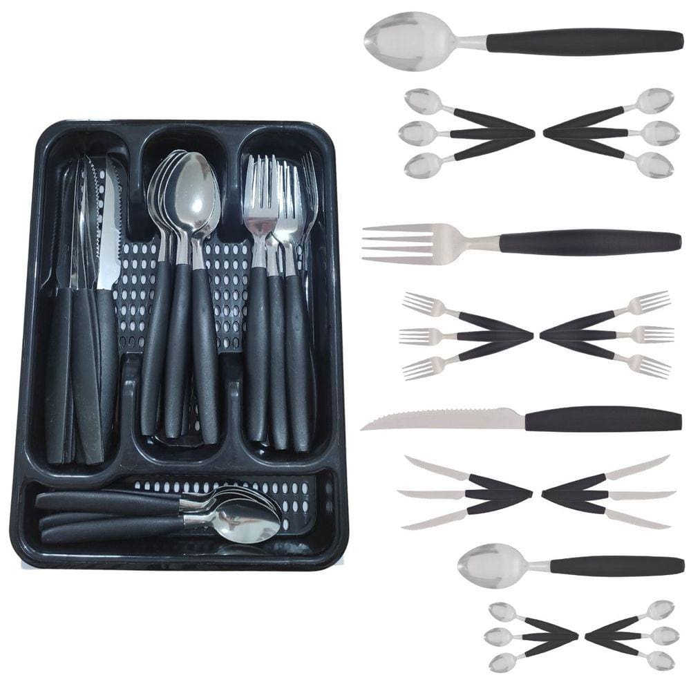 Kit 24 Talheres Berlim Aço Inox Preto C/ 1 Porta Talheres