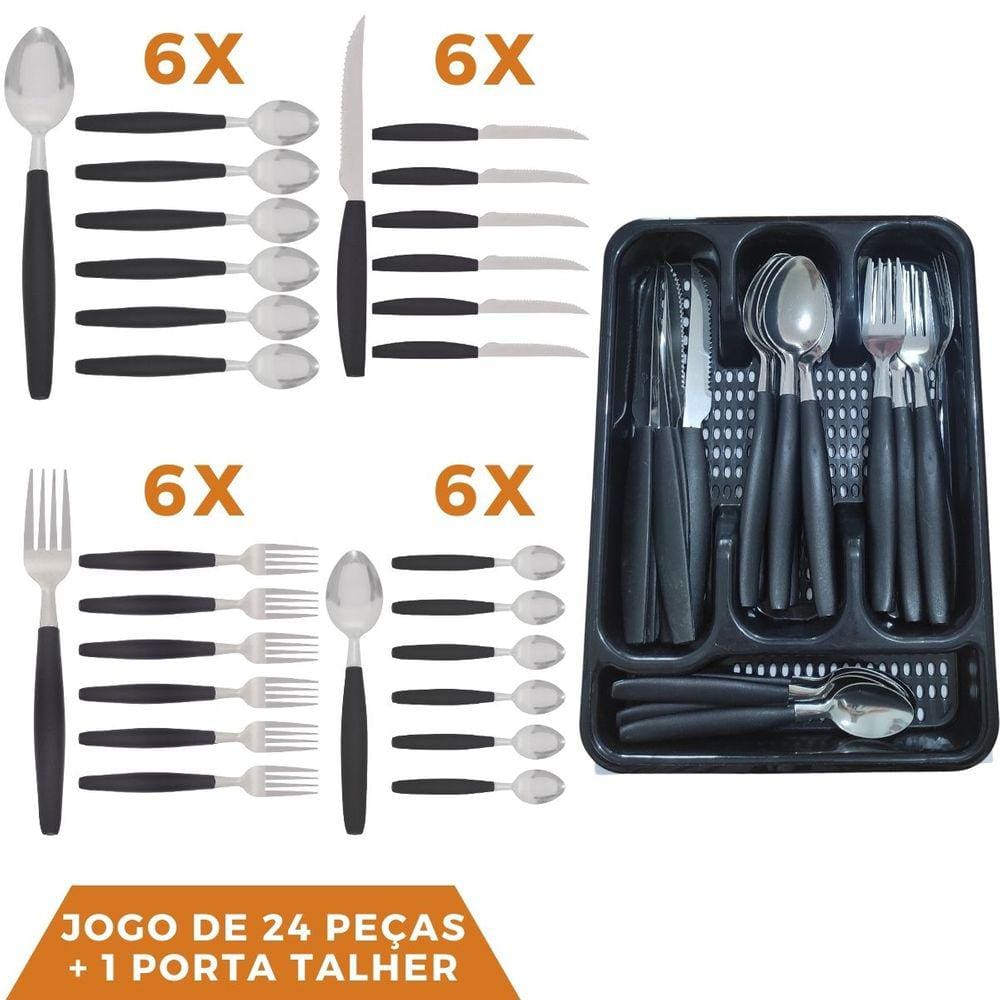 Faqueiro 24 Pçs Aço Inox C/ 1 Porta Talheres Berlim Preto