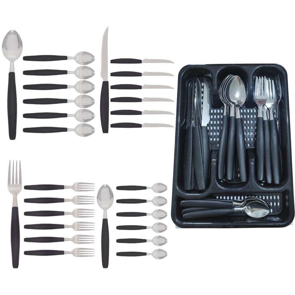 Kit Faqueiro Berlim Preto Inox 24 Pçs C/ 1 Porta Talheres