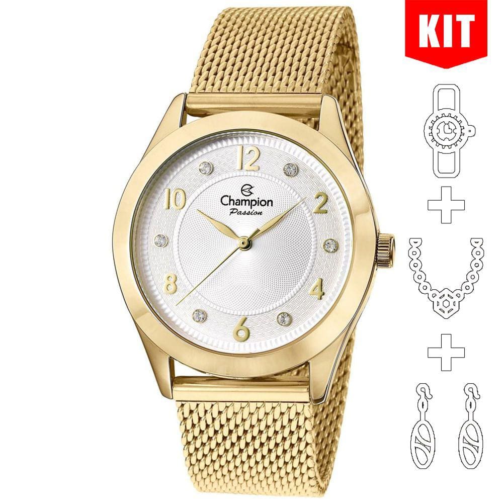 Relógio CHAMPION KIT feminino dourado esteira CN29230O
