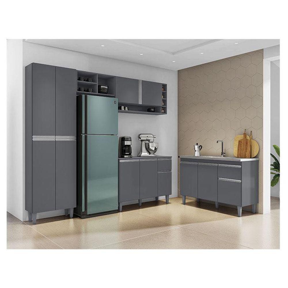 Cozinha Ambiente Vanessa e Balcão de Pia Tatiane 120 cm Cinza Fosco - AJL