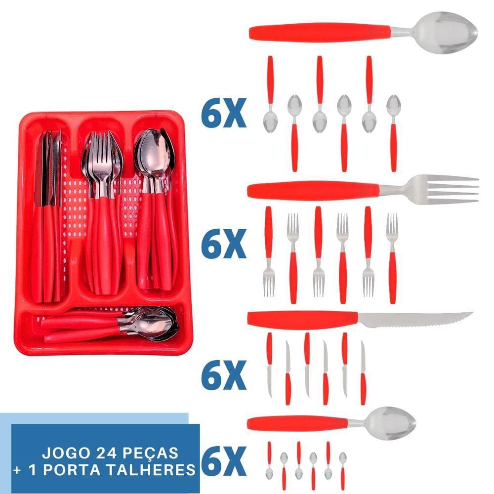 Faqueiro 24 Pçs C/ 1 Porta Talheres Vermelho Aço Inox Berlim
