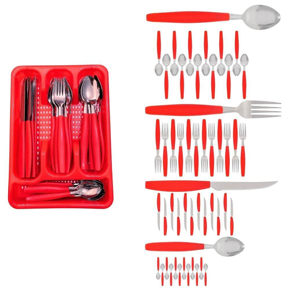 Kit Faqueiro Inox Berlim 48 Pçs C/ 2 Porta Talheres Vermelho