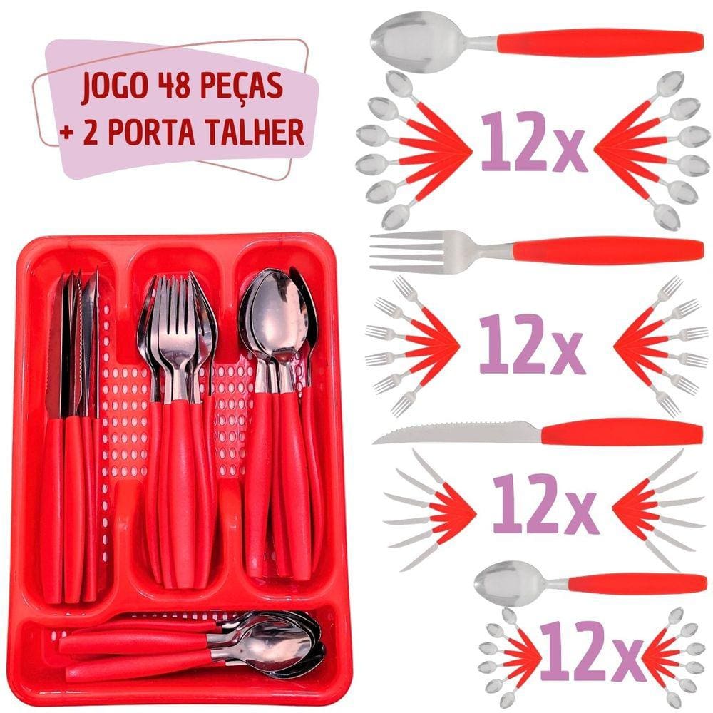 Conj 48 Talheres Inox Berlim C/ 2 Porta Talheres Vermelho
