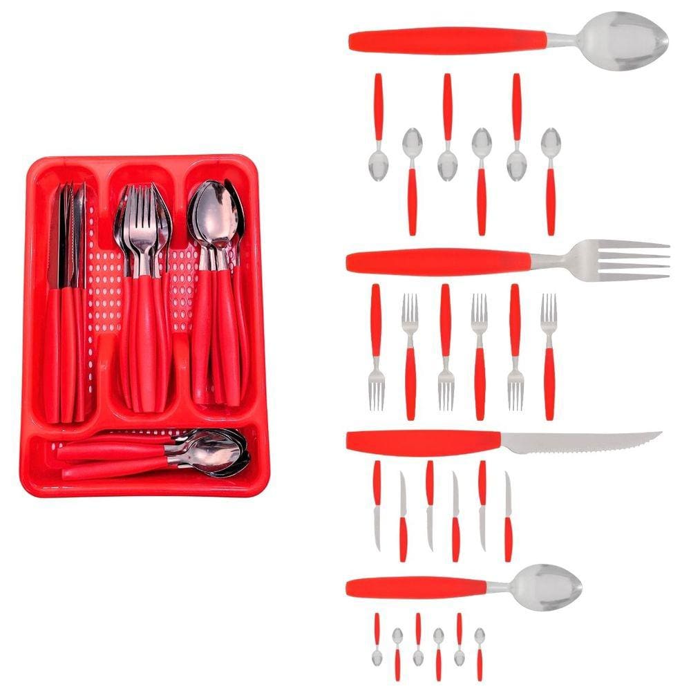 Kit Faqueiro Inox Berlim 24 Pçs C/ 1 Porta Talheres Vermelho