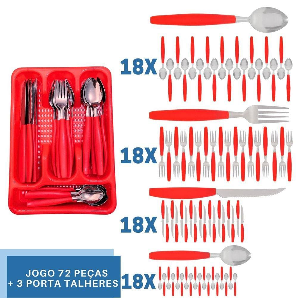 Faqueiro 72 Pçs C/ 3 Porta Talheres Vermelho Aço Inox Berlim