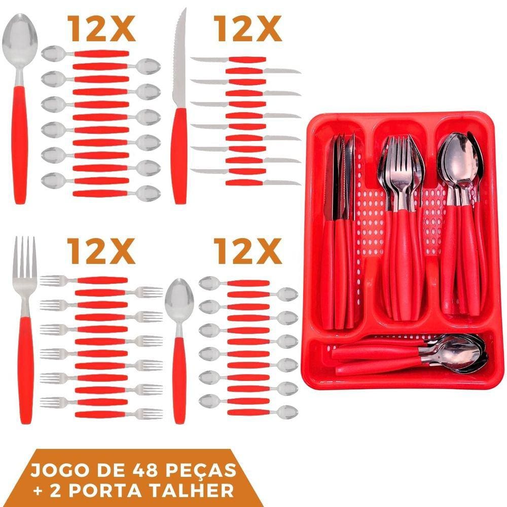 Faqueiro 48 Pçs Aço Inox C/ 2 Porta Talheres Berlim Vermelho