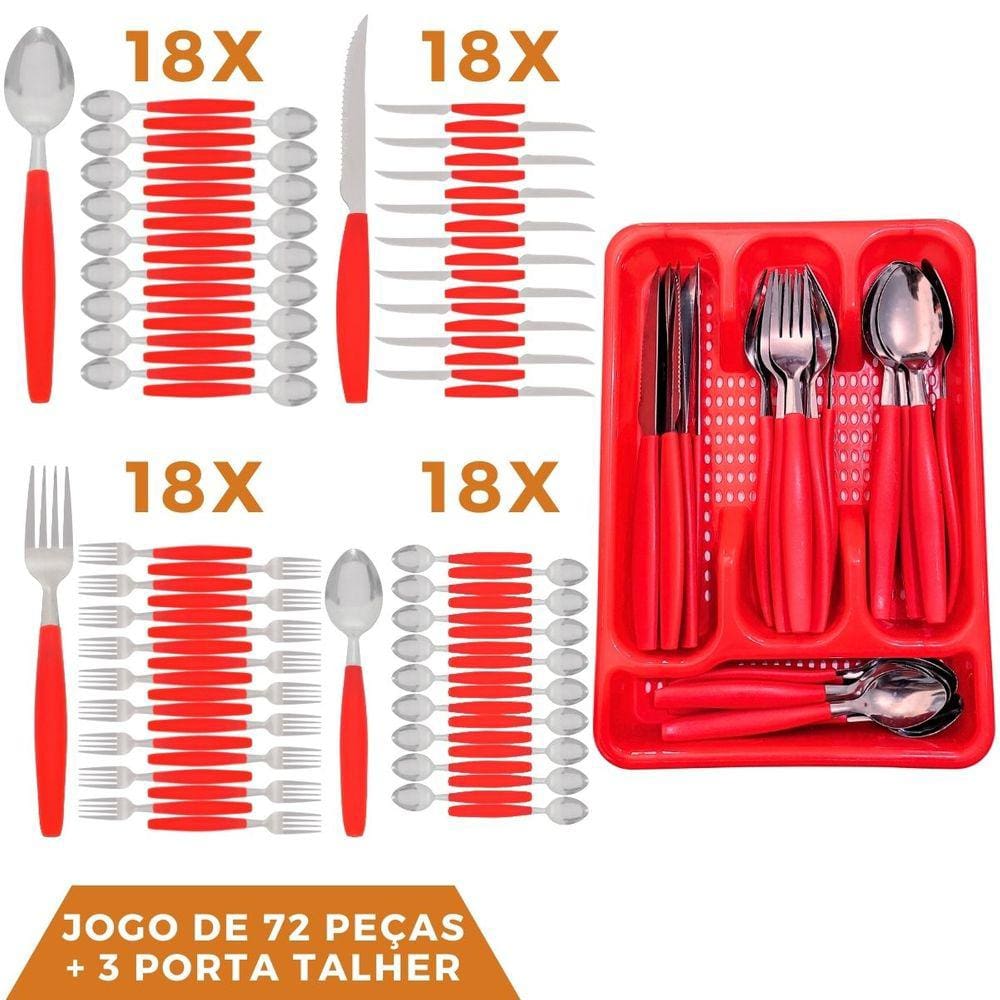 Faqueiro 72 Pçs Aço Inox C/ 3 Porta Talheres Berlim Vermelho