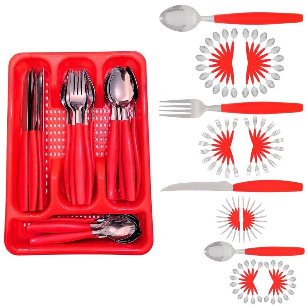 Kit 96 Talheres Berlim Aço Inox Vermelho C/ 4 Porta Talheres