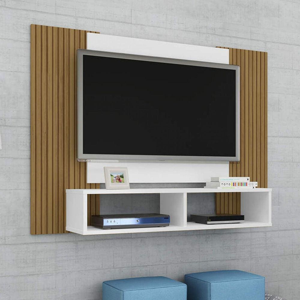 Painel TV até 48\" Polegadas 2 Nichos Canela Ripado/Branco Móveis Bechara Navi 90x120x28