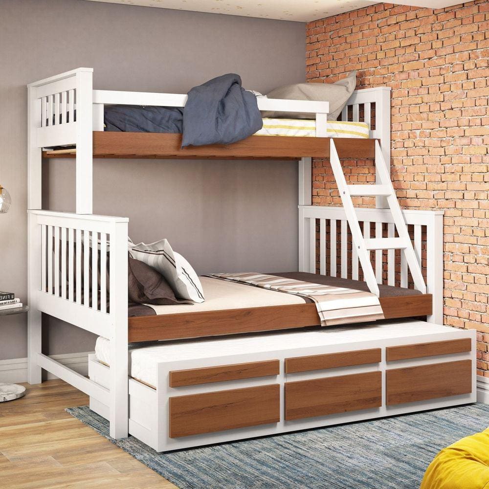 Treliche com Cama de Casal com 3 Gavetas Madeira Maciça Móveis Saraiva Branco/Carvalho