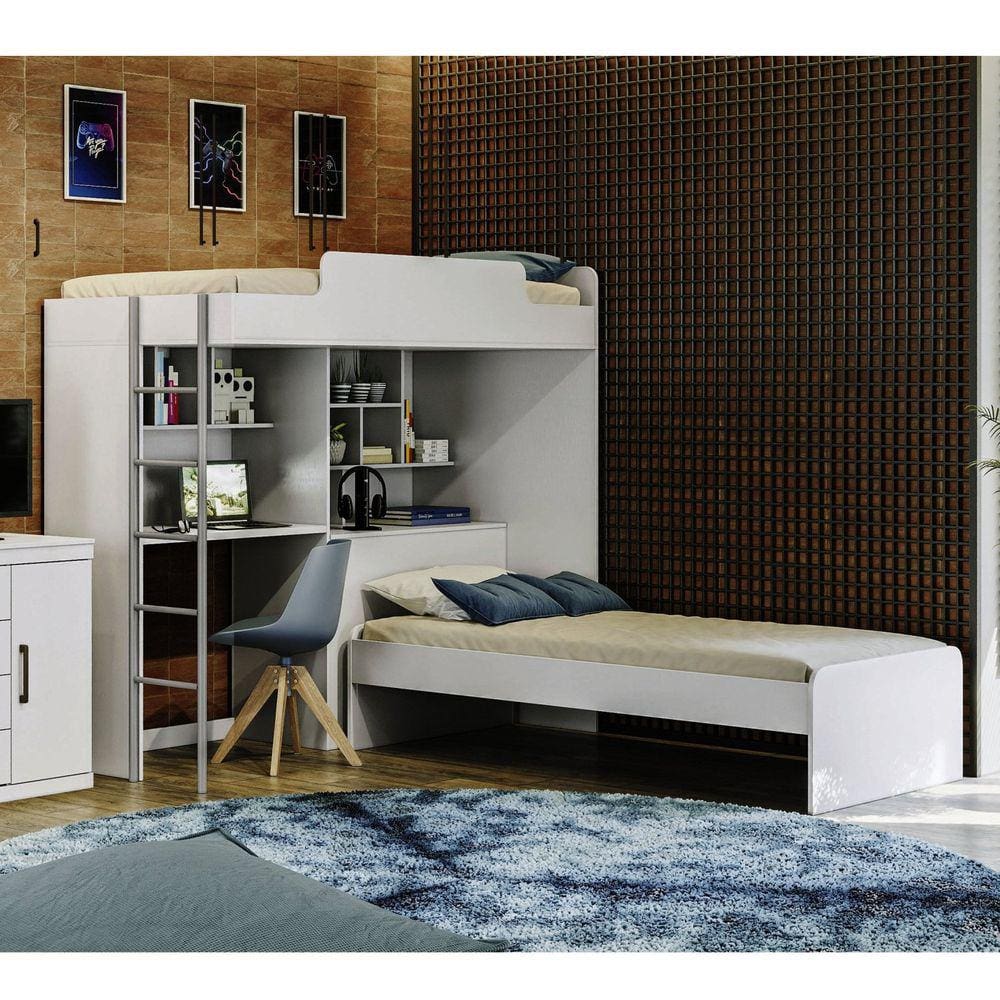Cama beliche solteiro com escrivaninha embaixo computador | Extra