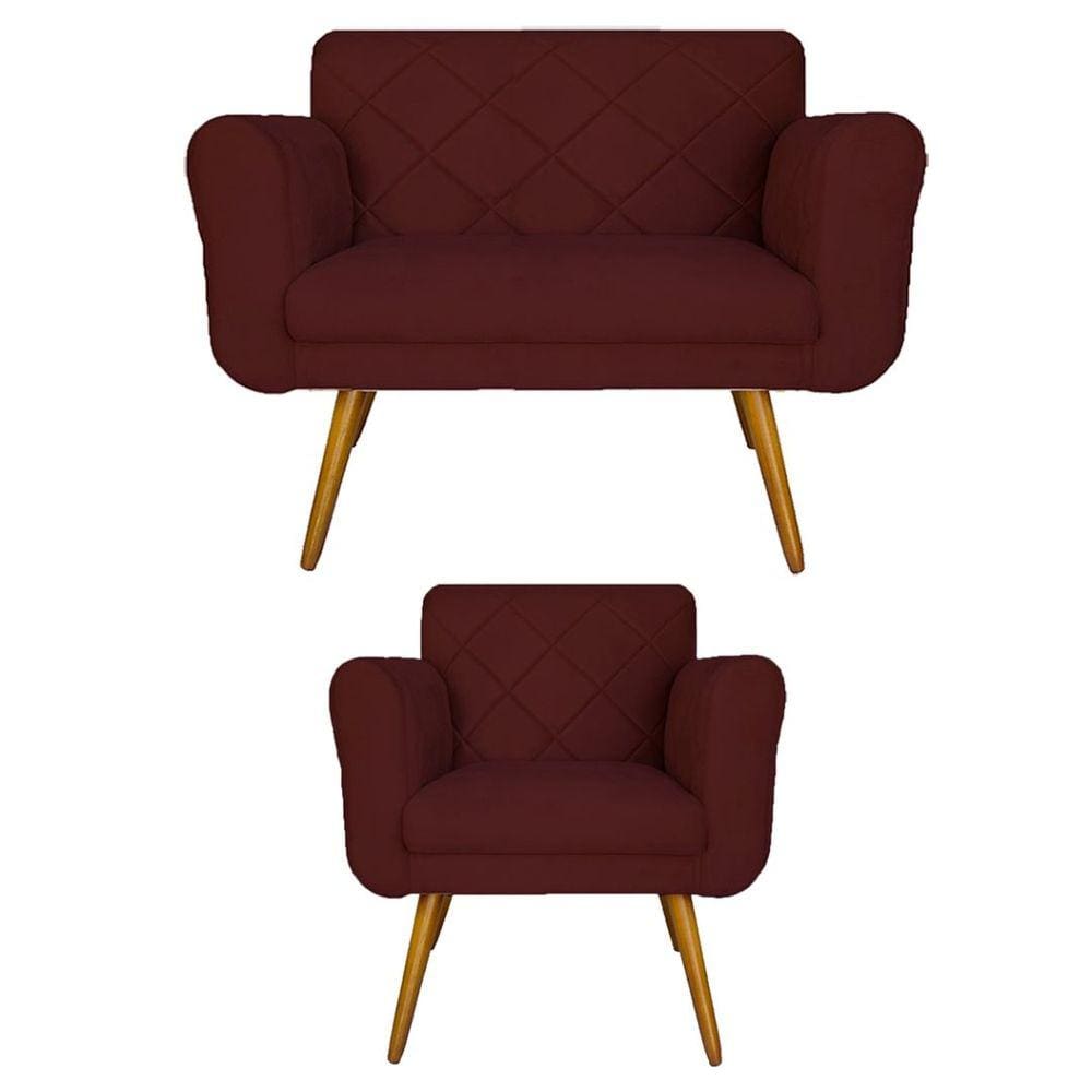 Conjunto Namoradeira e 1 Poltrona Isabella Sala de Estar Suede Vermelho Bordô - LM DECOR