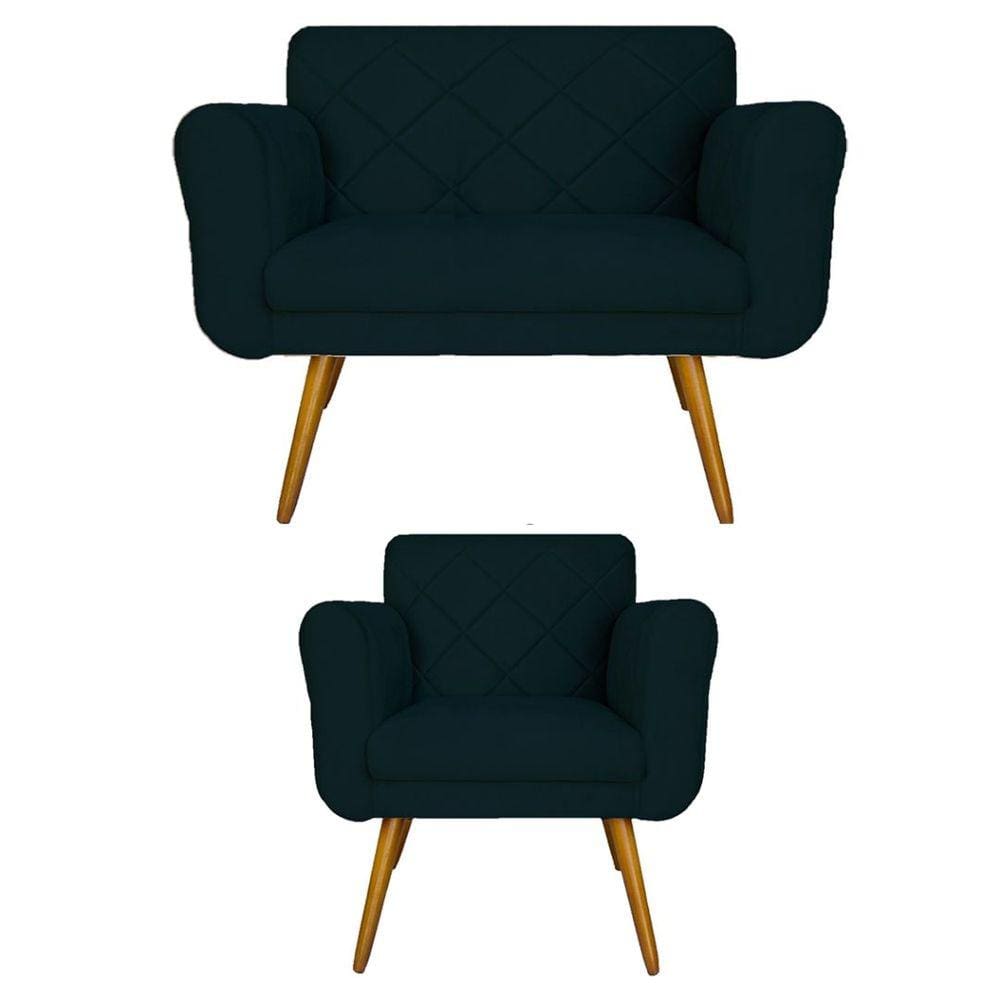 Conjunto Namoradeira e 1 Poltrona Isabella Sala de Estar Suede Azul Marinho - LM DECOR