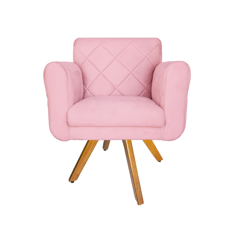 Poltrona Estofada Com Base Giratória De Madeira Sala Isabella Corano Rosa Bebe - LM DECOR
