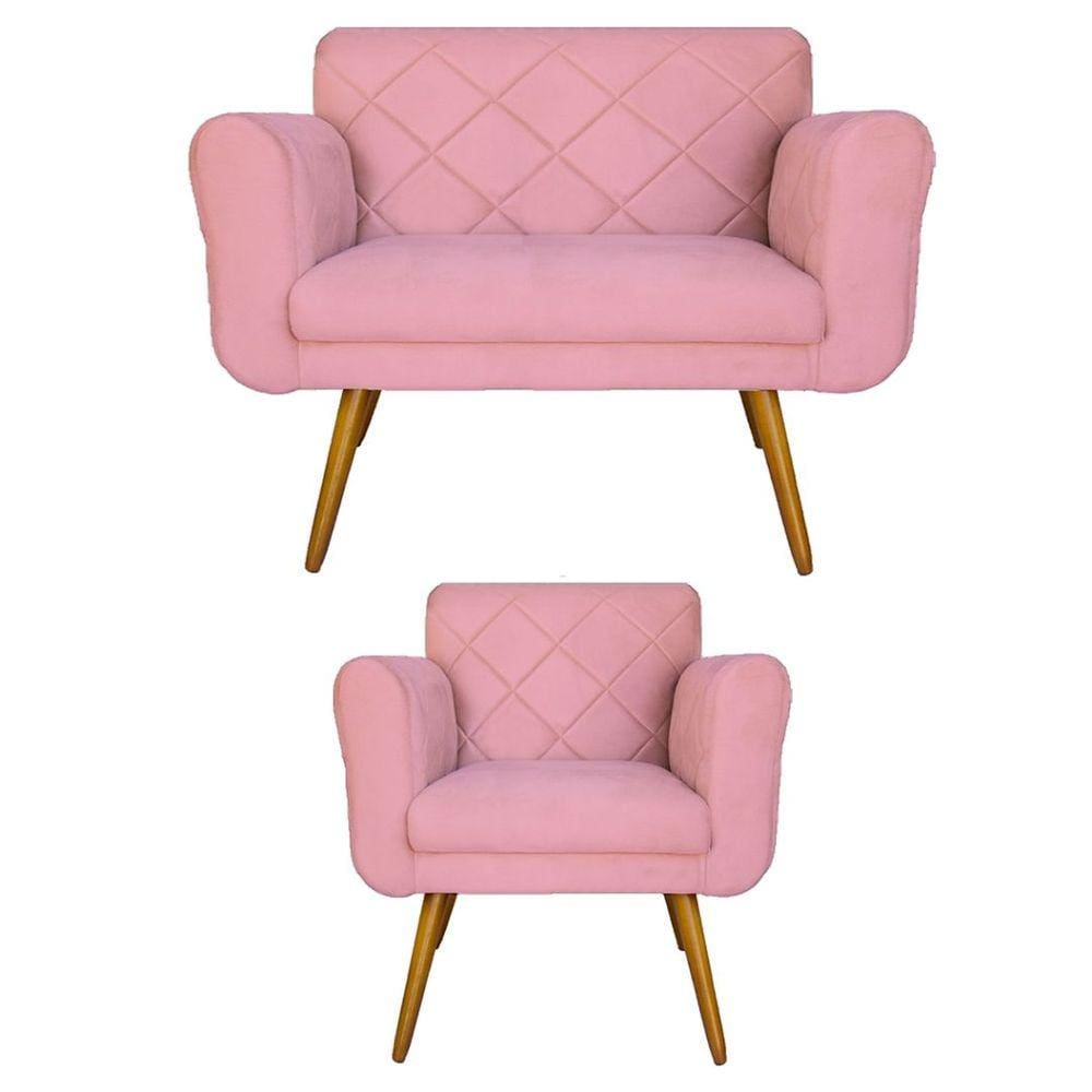 Kit Namoradeira e 1 Poltrona Estofada Para Sala de Tv Isabella Suede Rosa - LM DECOR
