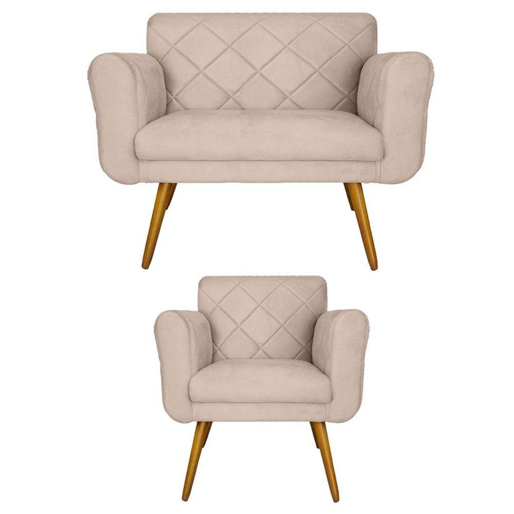 Kit Namoradeira e 1 Poltrona Estofada Para Sala de Tv Isabella Suede Bege - LM DECOR