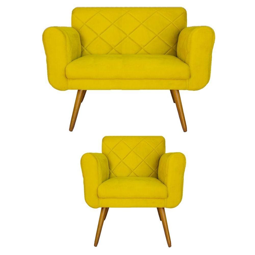 Kit Namoradeira e 1 Poltrona Estofada Para Sala de Tv Isabella Corano Amarelo - LM DECOR