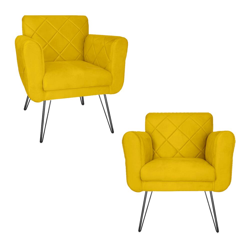 Kit 2 Poltronas Decorativas Para Quarto Closet Pés de Ferro Isabella Suede Amarelo - LM DECOR