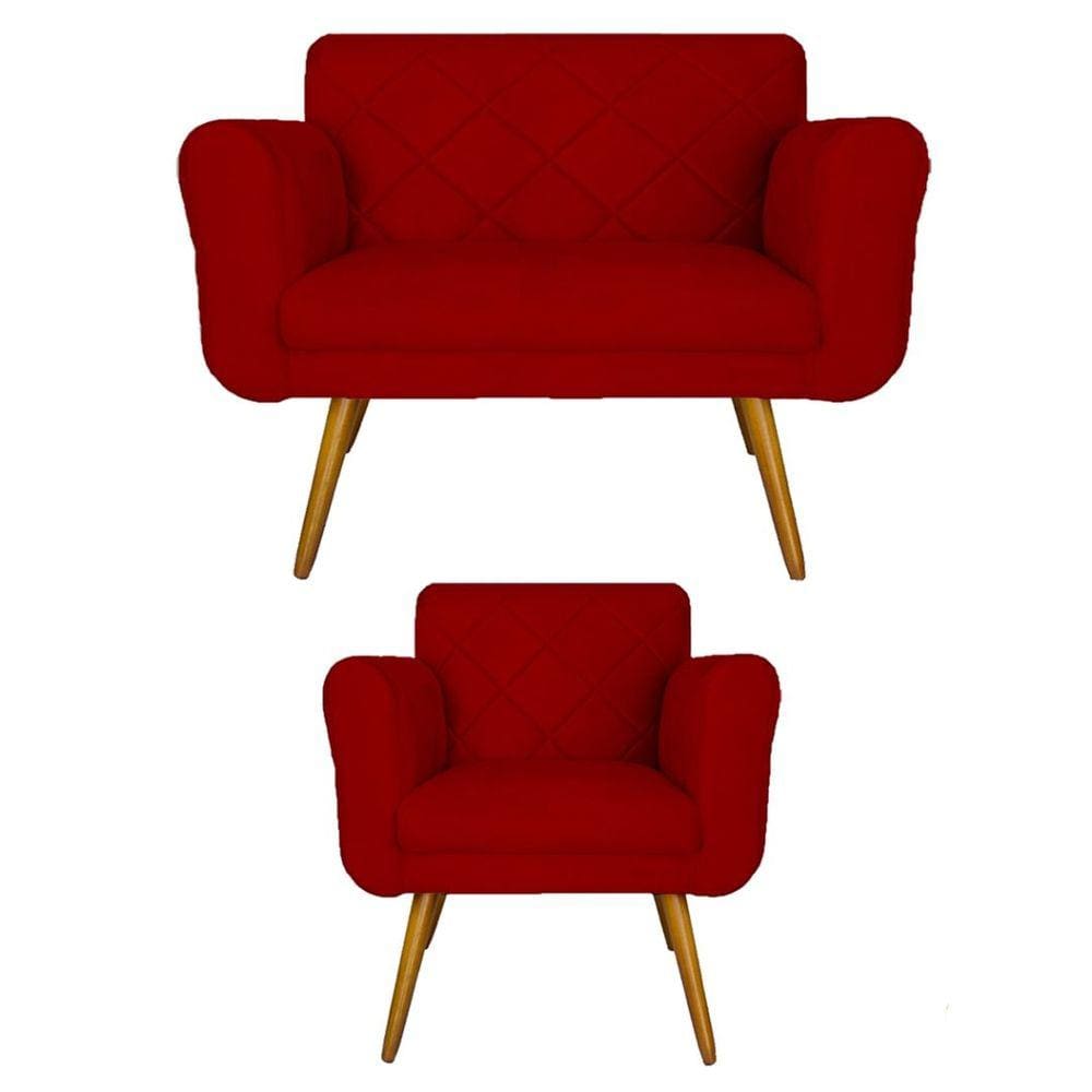 Kit Namoradeira e 1 Poltrona Estofada Para Sala de Tv Isabella Corano Vermelho - LM DECOR