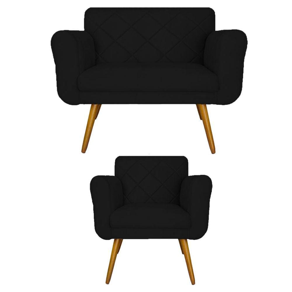 Kit Namoradeira e 1 Poltrona Estofada Para Sala de Tv Isabella Suede Preto - LM DECOR