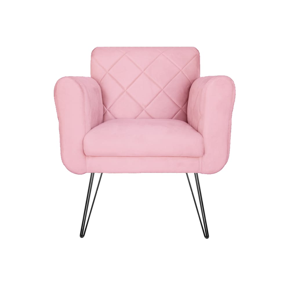 Poltrona Estofada Para Hall de Entrada Com Pés de Ferro Isabella Corano Rosa Bebe - LM DECOR