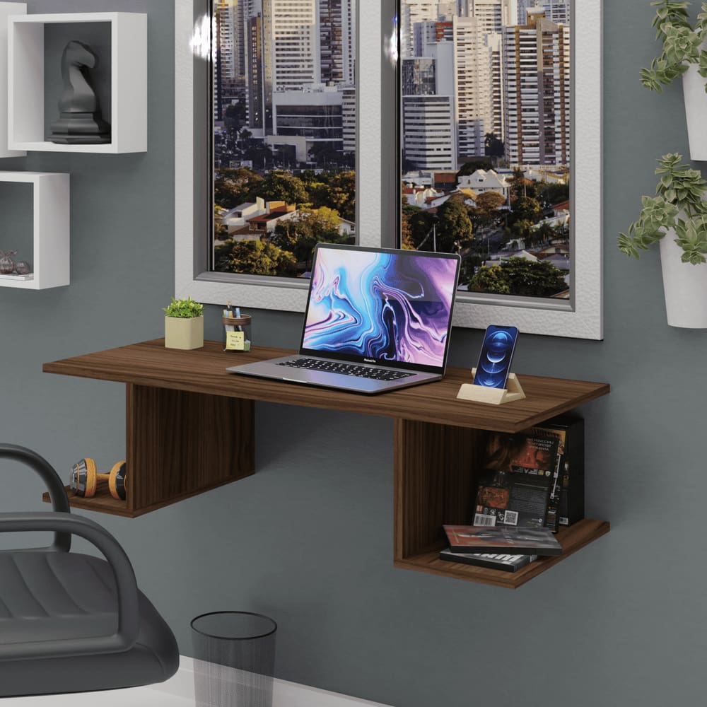 Mesa Suspensa Escrivaninha Computador 900x420 C/ Prateleiras