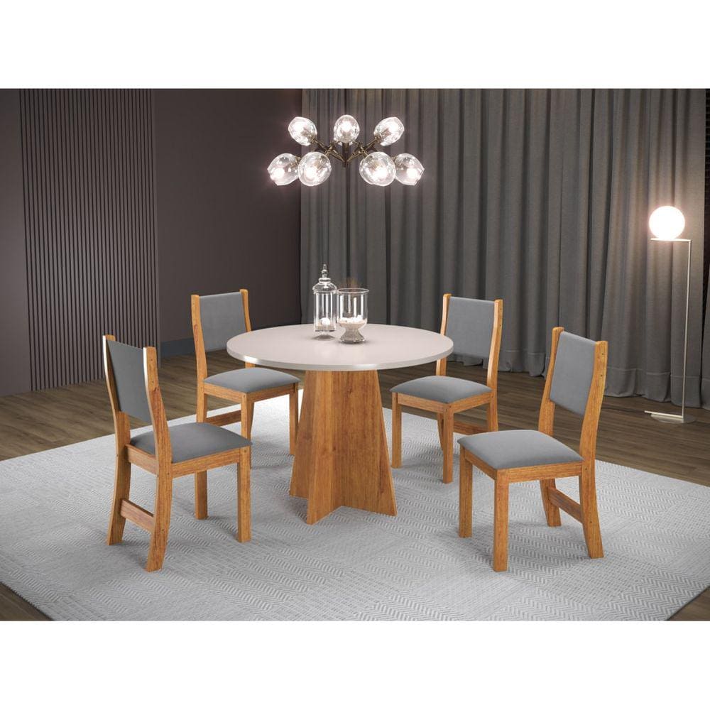Conjunto Sala de Jantar Mesa Chilli 90cm Tampo Redondo com 4 Cadeiras Sol Viero Mel/Blonde/Cinza