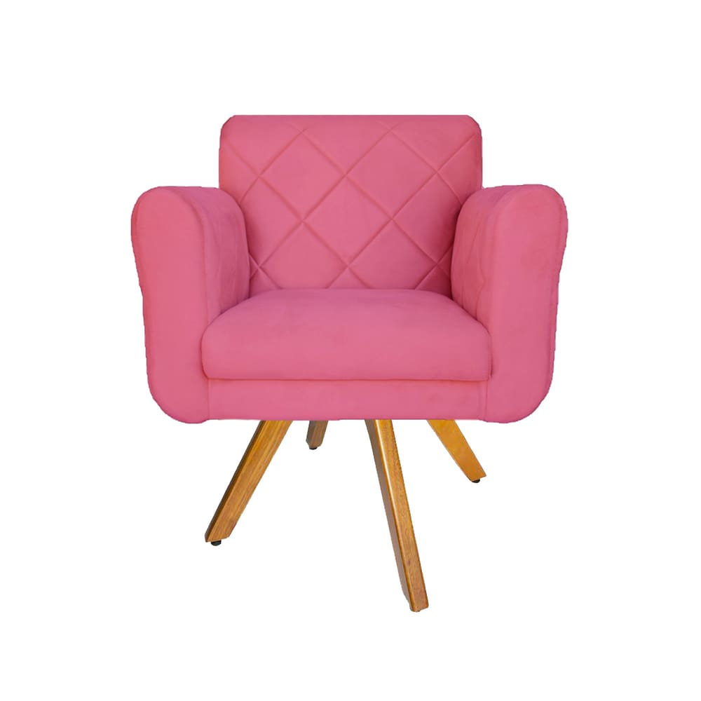 Poltrona Estofada Com Base Giratória De Madeira Sala Isabella Suede Rosa Barbie - LM DECOR