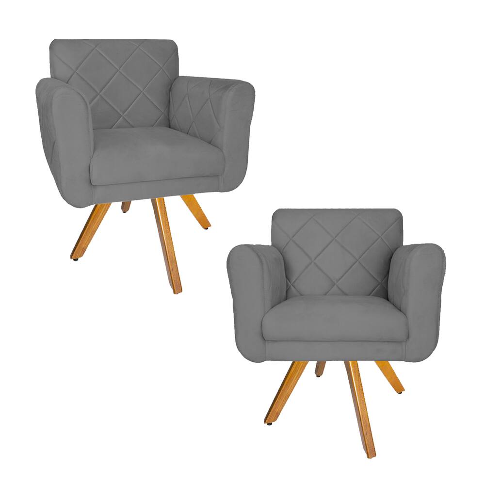 Jogo 2 Poltrona Decorativa Base Giratória De Madeira Salão Isabella Suede Cinza - LM DECOR
