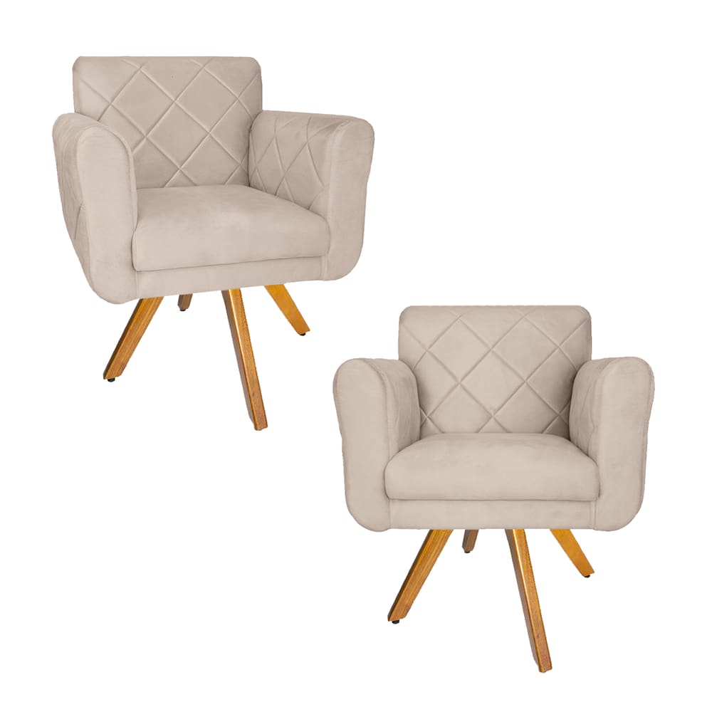 Jogo 2 Poltrona Decorativa Base Giratória De Madeira Salão Isabella Suede Bege - LM DECOR