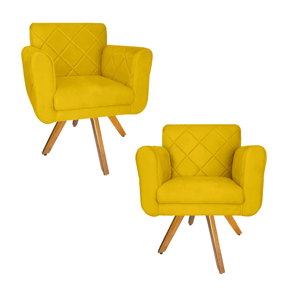 Jogo 2 Poltrona Decorativa Base Giratória De Madeira Salão Isabella Suede Amarelo - LM DECOR
