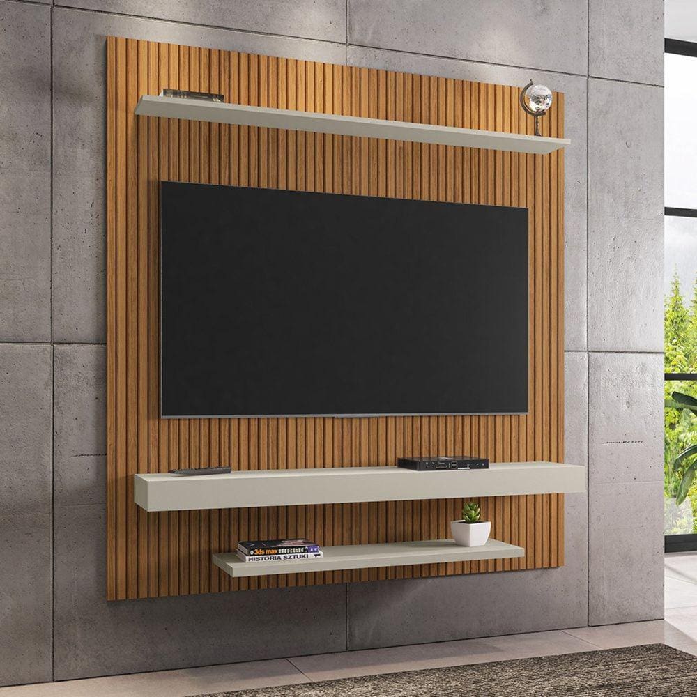 Painel para TV Até 60 Polegadas 2 Prateleiras Leme Móveis Bechara Ripado/Off White