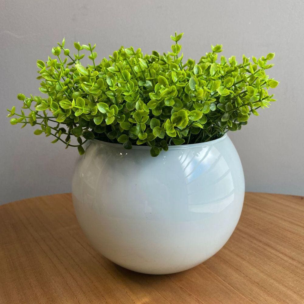 Arranjo Centro de Mesa Vaso Branco Verdinho Artificial Completo