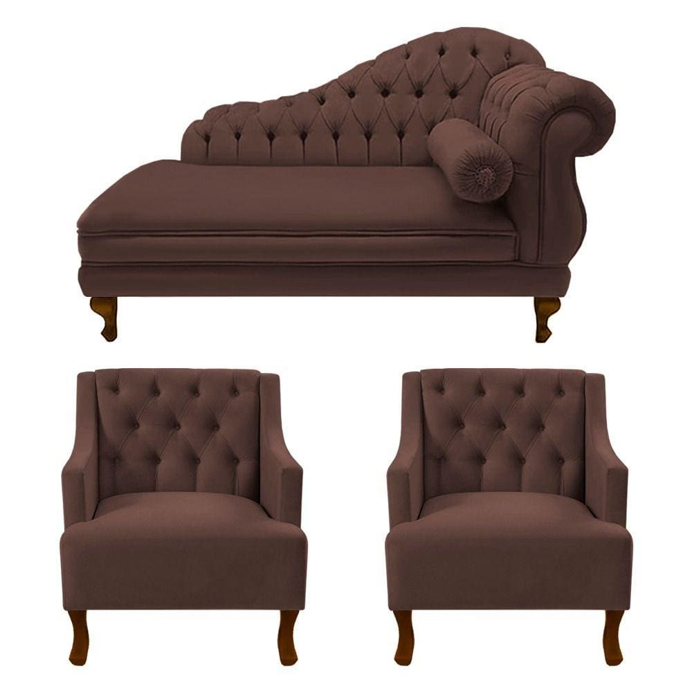Divã Larissa 160 cm Esquerdo de quem senta e 2 Poltronas Genesis Suede Marrom - LM DECOR