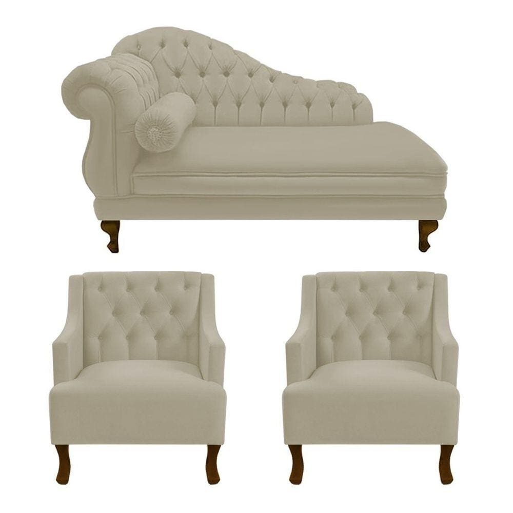 Divã Larissa 150 cm Direito de quem senta e 2 Poltronas Genesis Suede Bege - LM DECOR